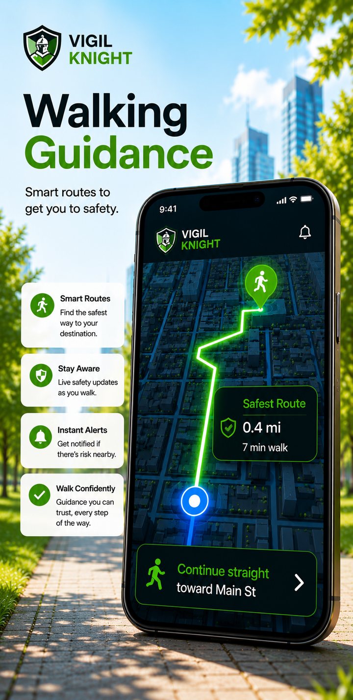 Walking Guidance screen showing the safest route to a destination