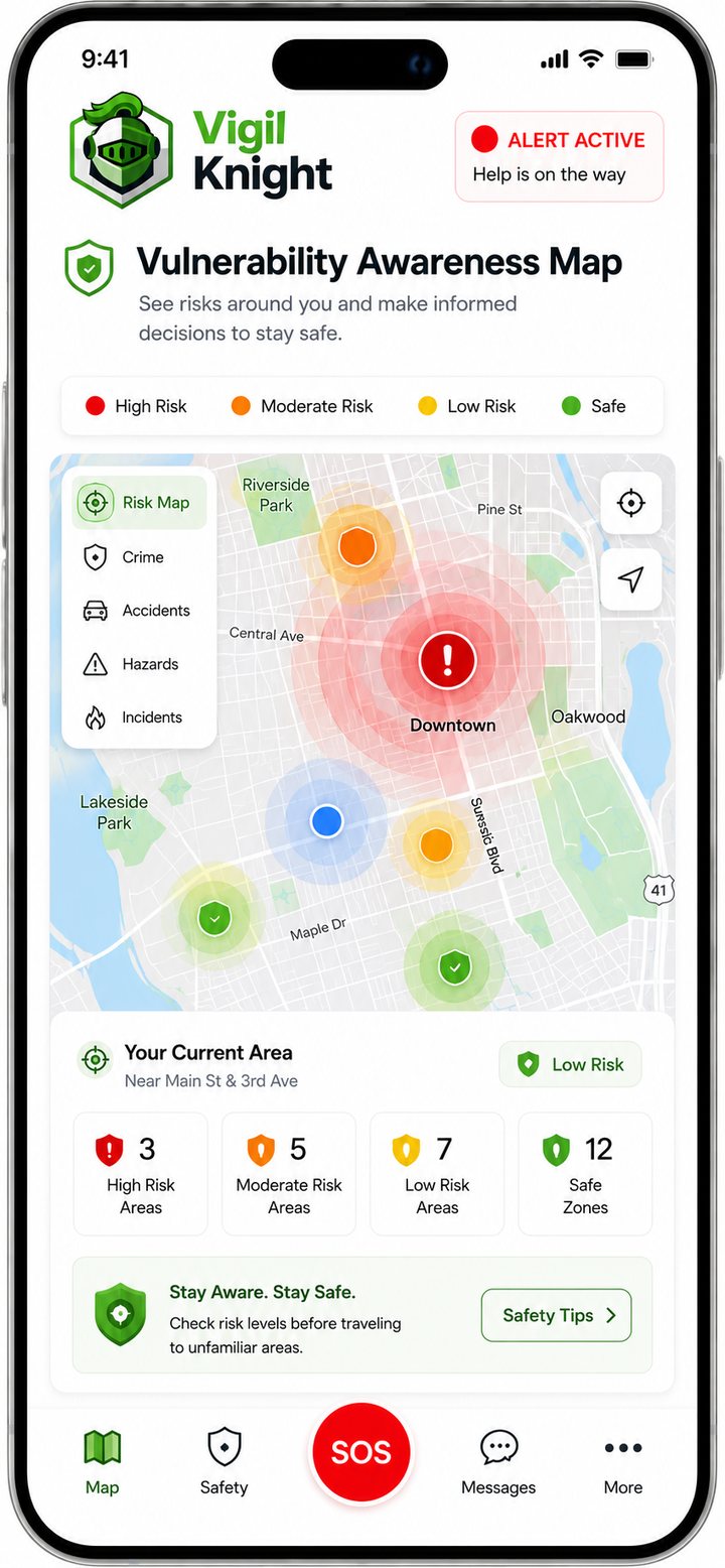 Vulnerability Awareness Map showing high, moderate and low risk areas around the user