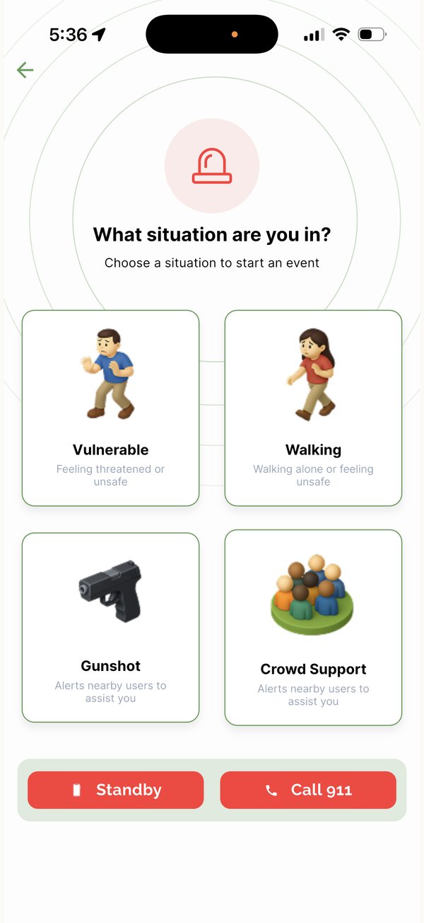 Vigil Knight app screen asking: What situation are you in? Options: Vulnerable, Walking, Gunshot, Crowd Support, with Standby and Call 911 buttons