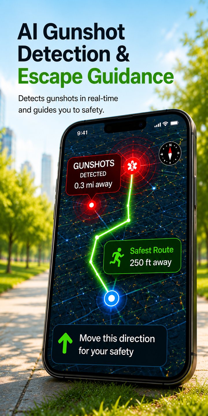 Gunshot detection screen showing gunshots detected nearby and a route away to safety
